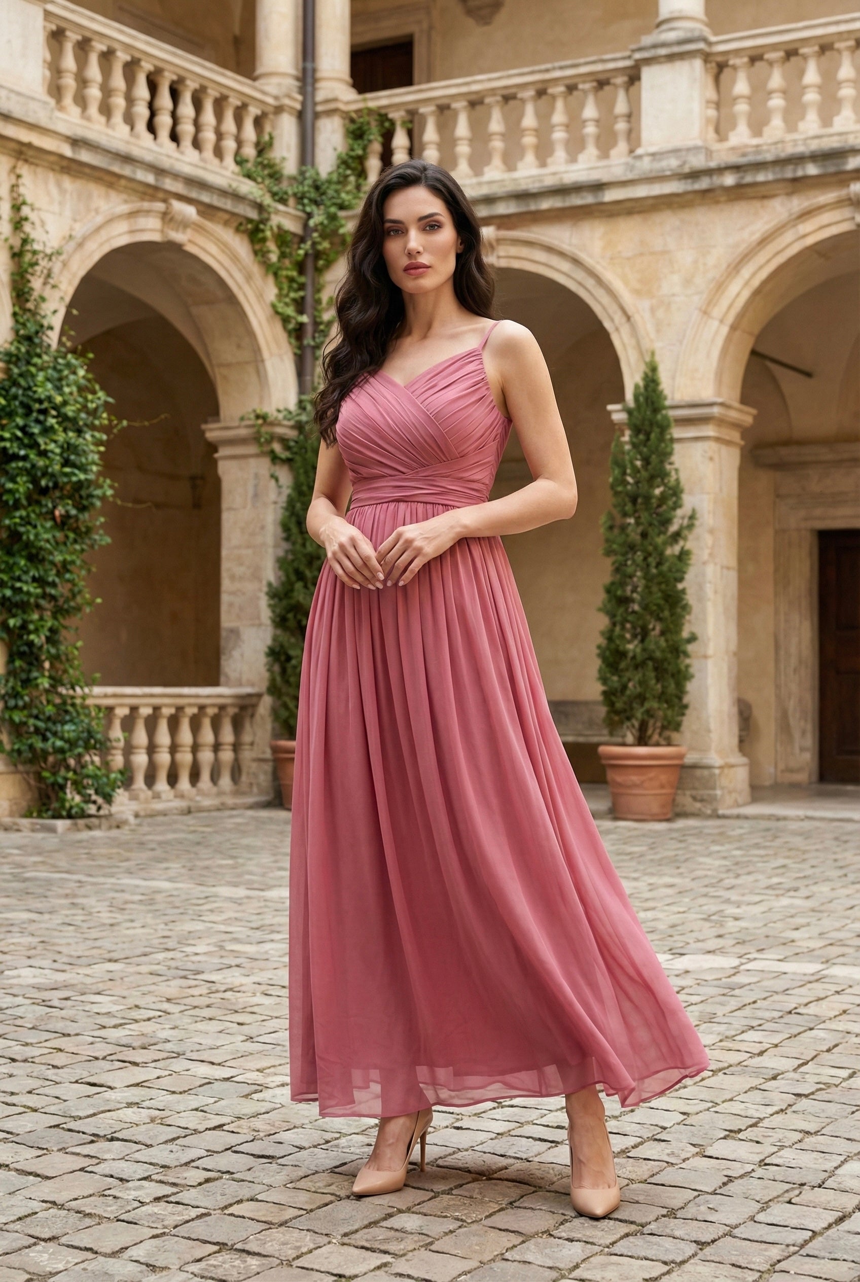 casual dusty pink dress Dusty Pink Silk Midi Dress, Long Sleeve Bow Tie Neck