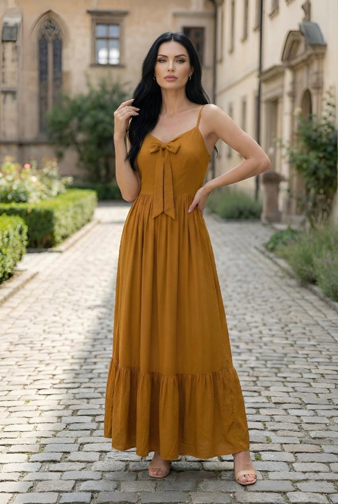 Mustard Bow-Tie Tiered Maxi Dress | Masakali.co – Masakali.Co®