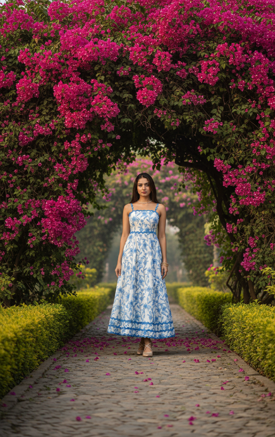 Woman in a blue floral dress standing under a pink flowering archway.