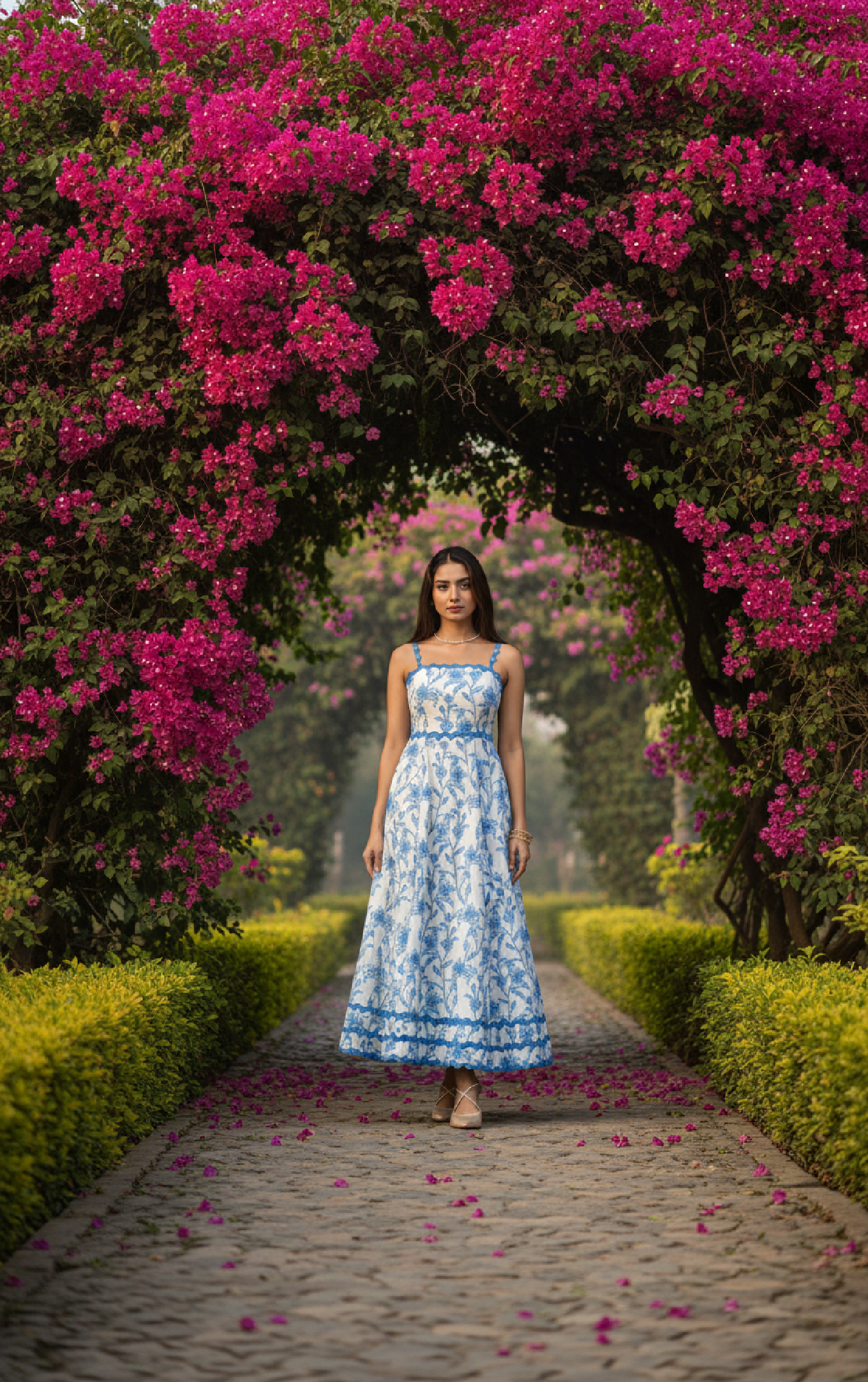 Woman in a blue floral dress standing under a pink flowering archway.