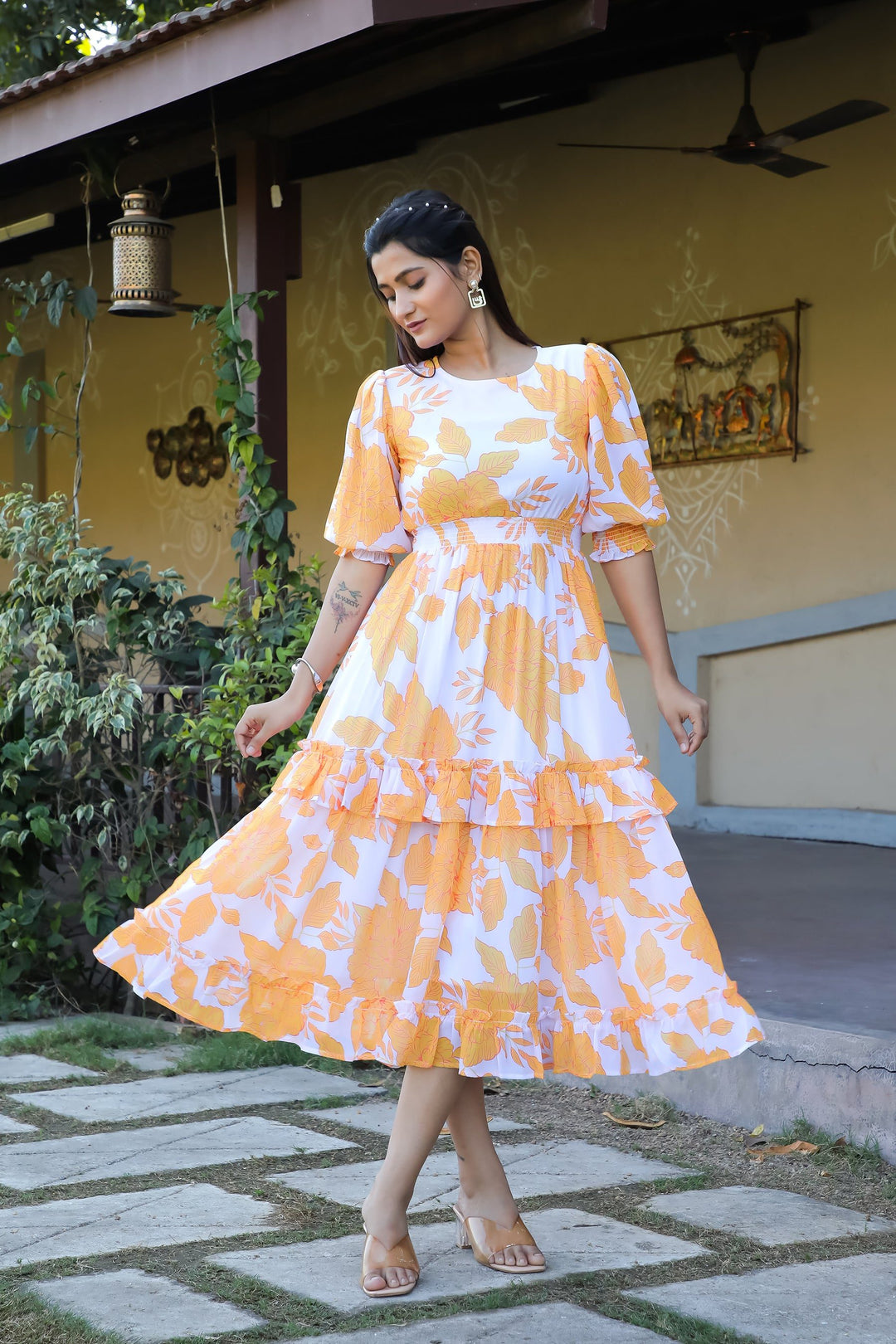 Indian Yellow & White Maxi Dress