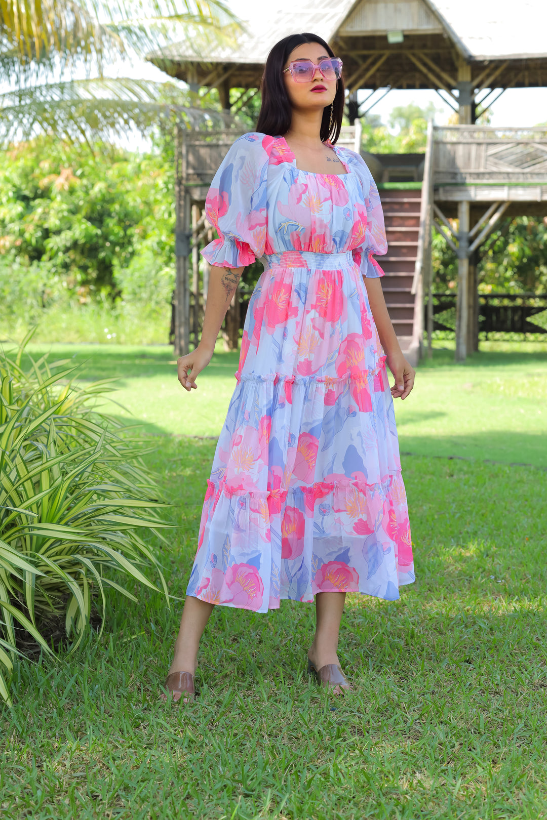 Cloudy Blue & Hot Pink Maxi Dress