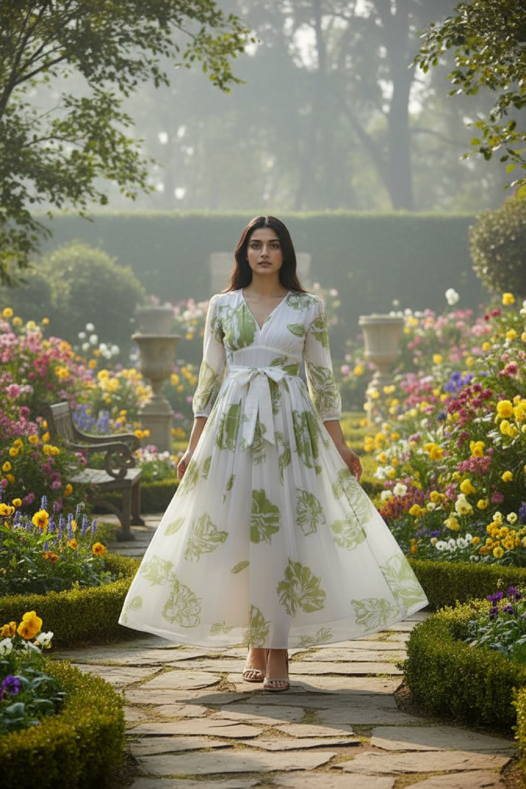 Woman in a white dress with green floral pattern standing in a garden.