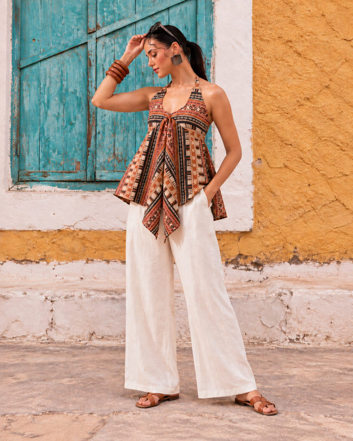 ZURI | Rust Geometric Halter Short Kurti