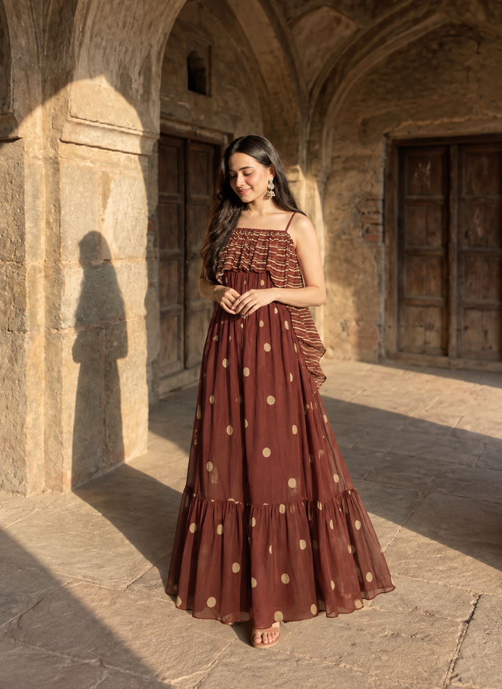 Terra Dot Maxi Dress full length front view showing rich chocolate brown georgette maxi with gold polka dot print striped ruffle frill bodice overlay spaghetti straps and tiered ruffle hem