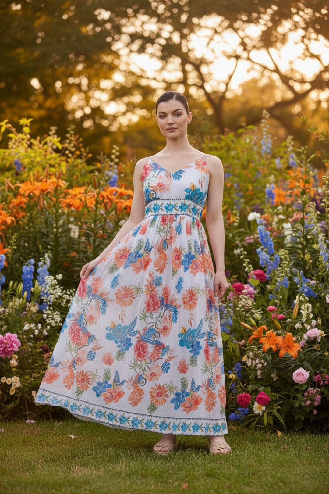 Woman in a floral dress standing in a garden with colorful flowers