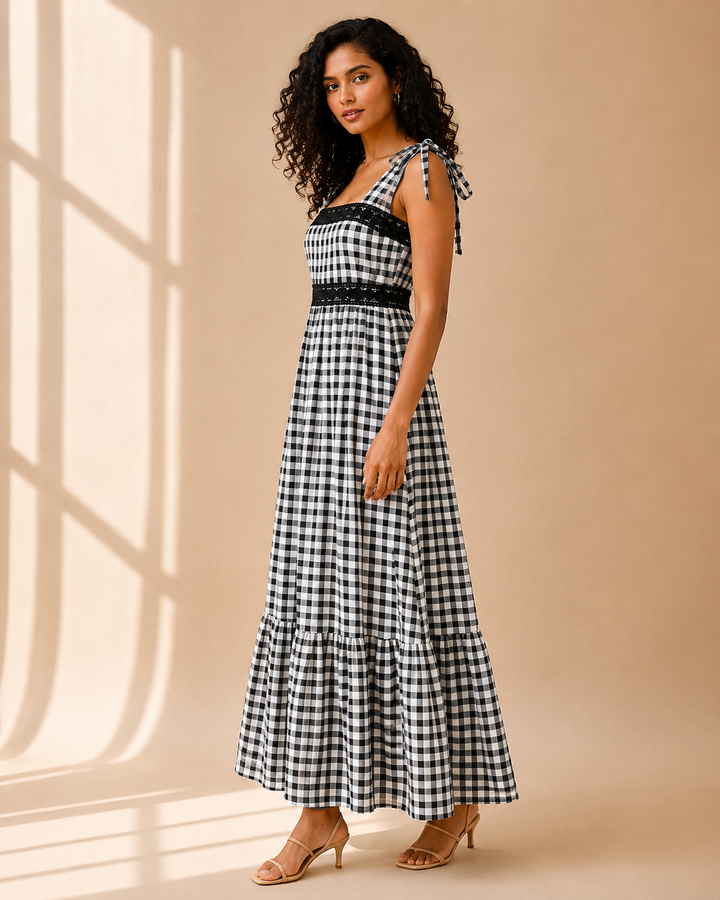 Gingham Reverie Maxi Dress side view showing black and white check print and tiered skirt