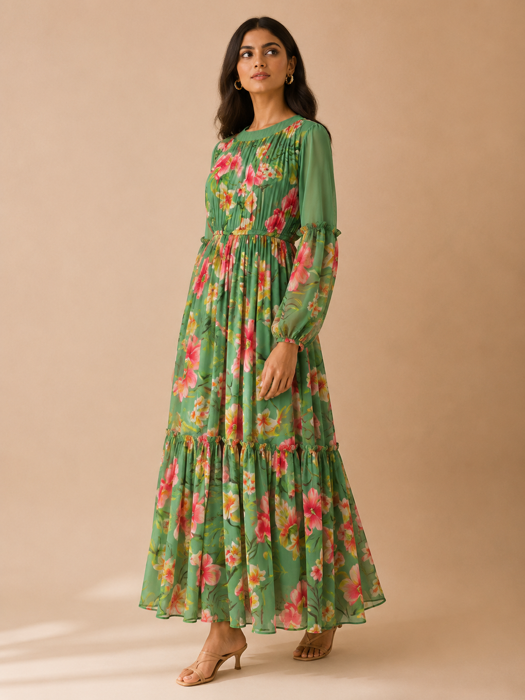 Celadon Drift Maxi Dress full length side view showing green floral georgette and tiered skirt