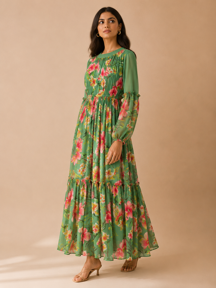 Celadon Drift Maxi Dress full length side view showing green floral georgette and tiered skirt