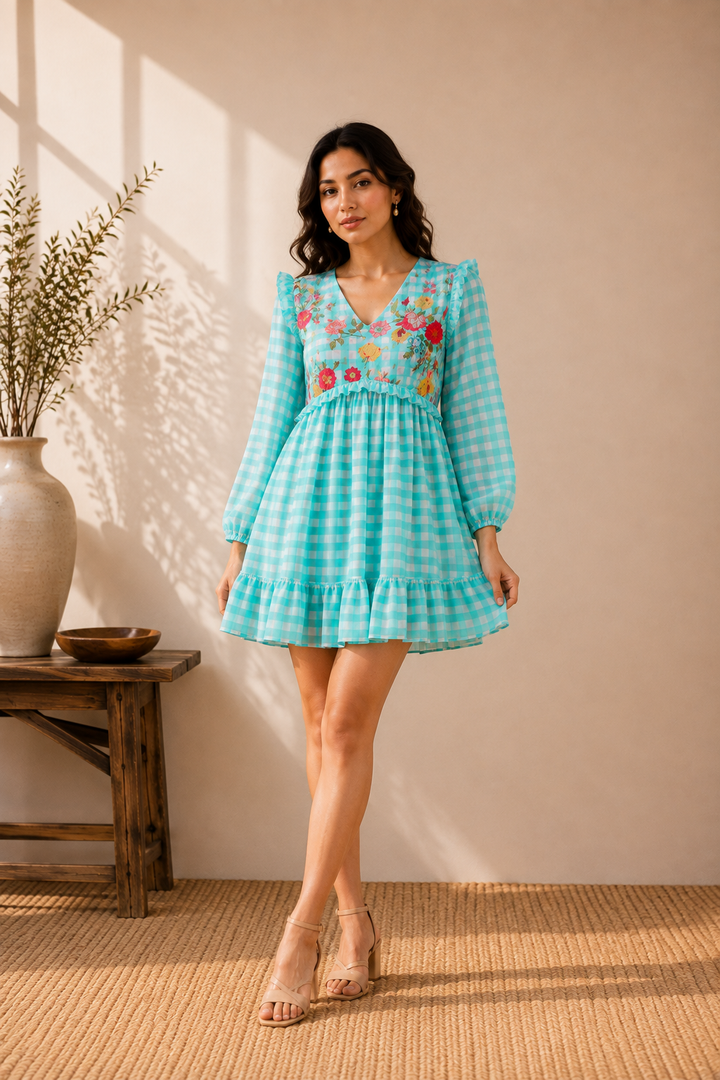 Aqua Bloom Embroidered Mini Dress - Turquoise Gingham Georgette with Floral Embroidery