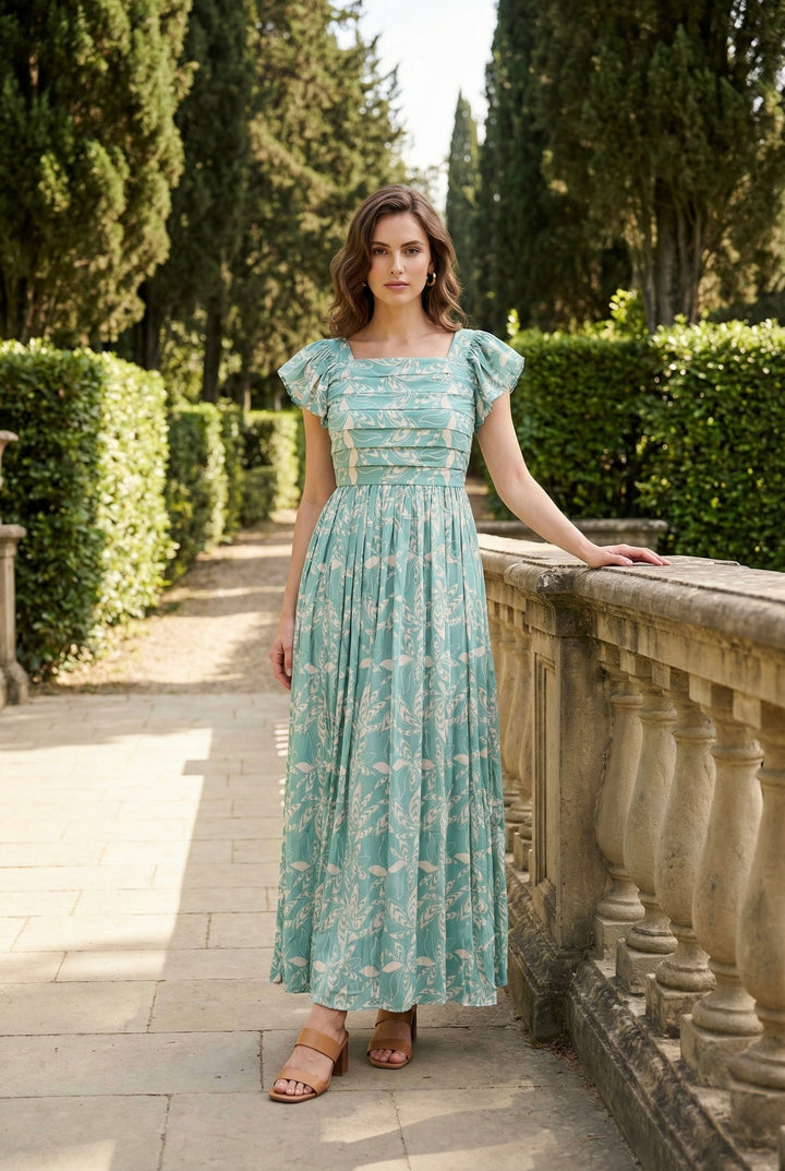 Sage Blossom Pintuck Maxi Dress
