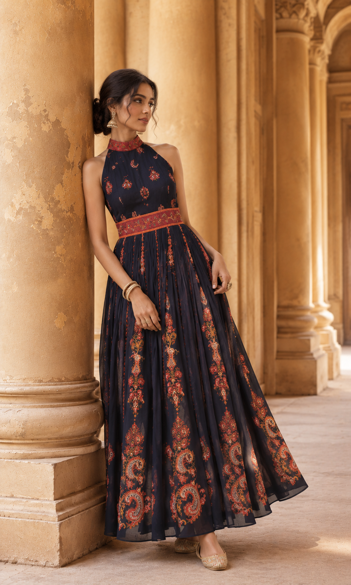 Royal Baroque Maxi Dress full length front view showing deep navy paisley baroque print georgette halter maxi with rust embroidered belt waistband and pleated flared skirt