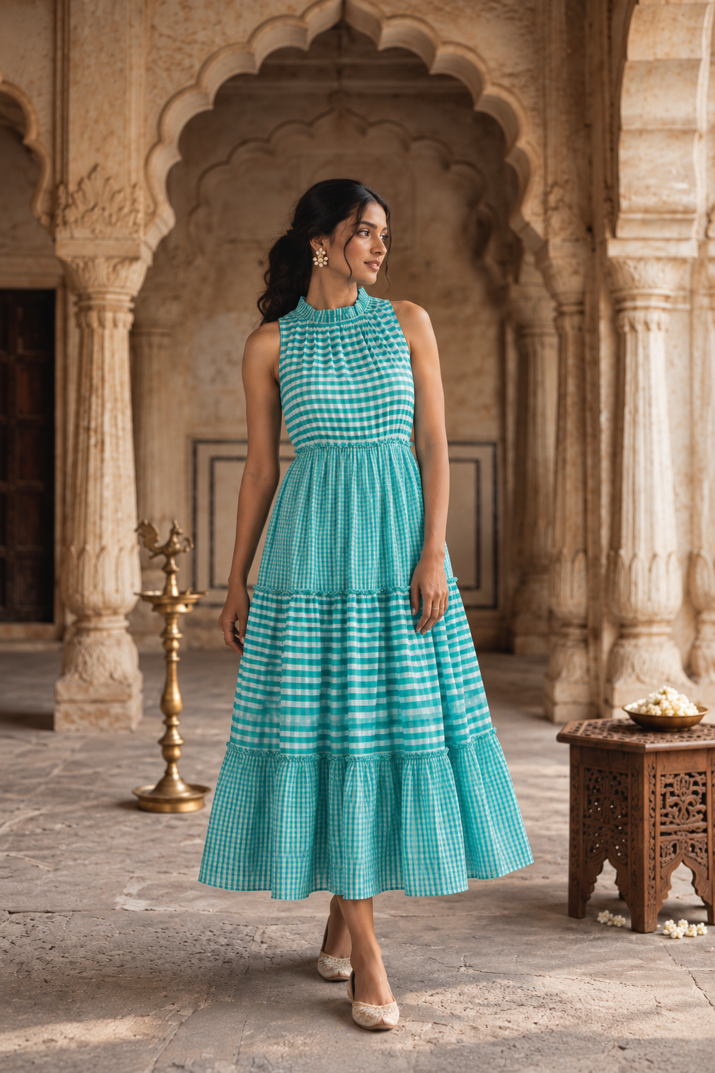 Aqua Gingham Maxi Dress