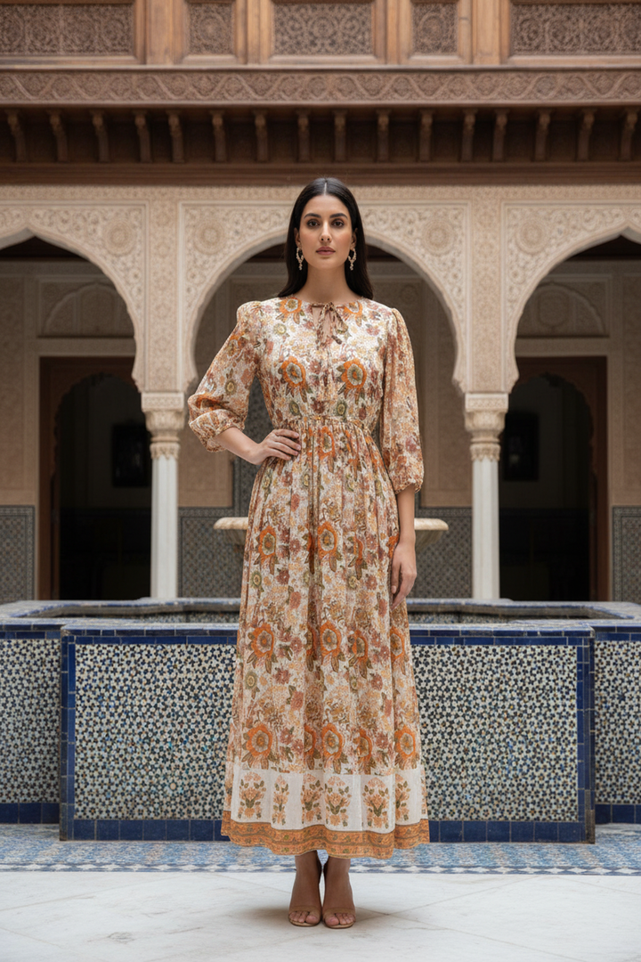 Woman in a floral dress standing in front of an architectural archway with a fountain.