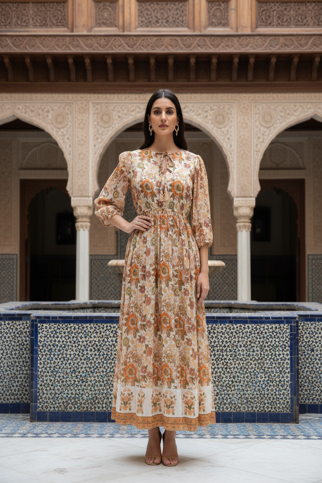 Woman in a floral dress standing in front of an architectural archway with a fountain.