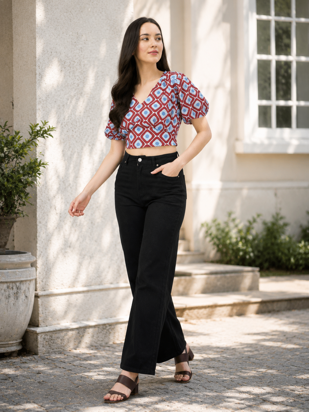 Maroon Geometric Print Crop Top