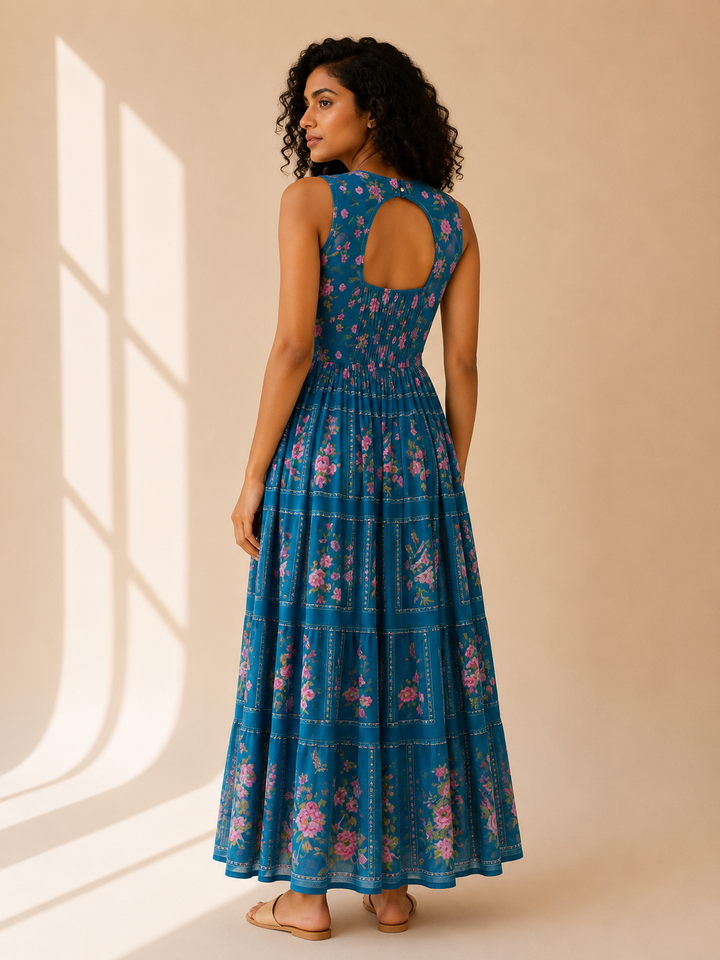 Aqua Reverie Maxi Dress back view showing keyhole cutout and tiered skirt
