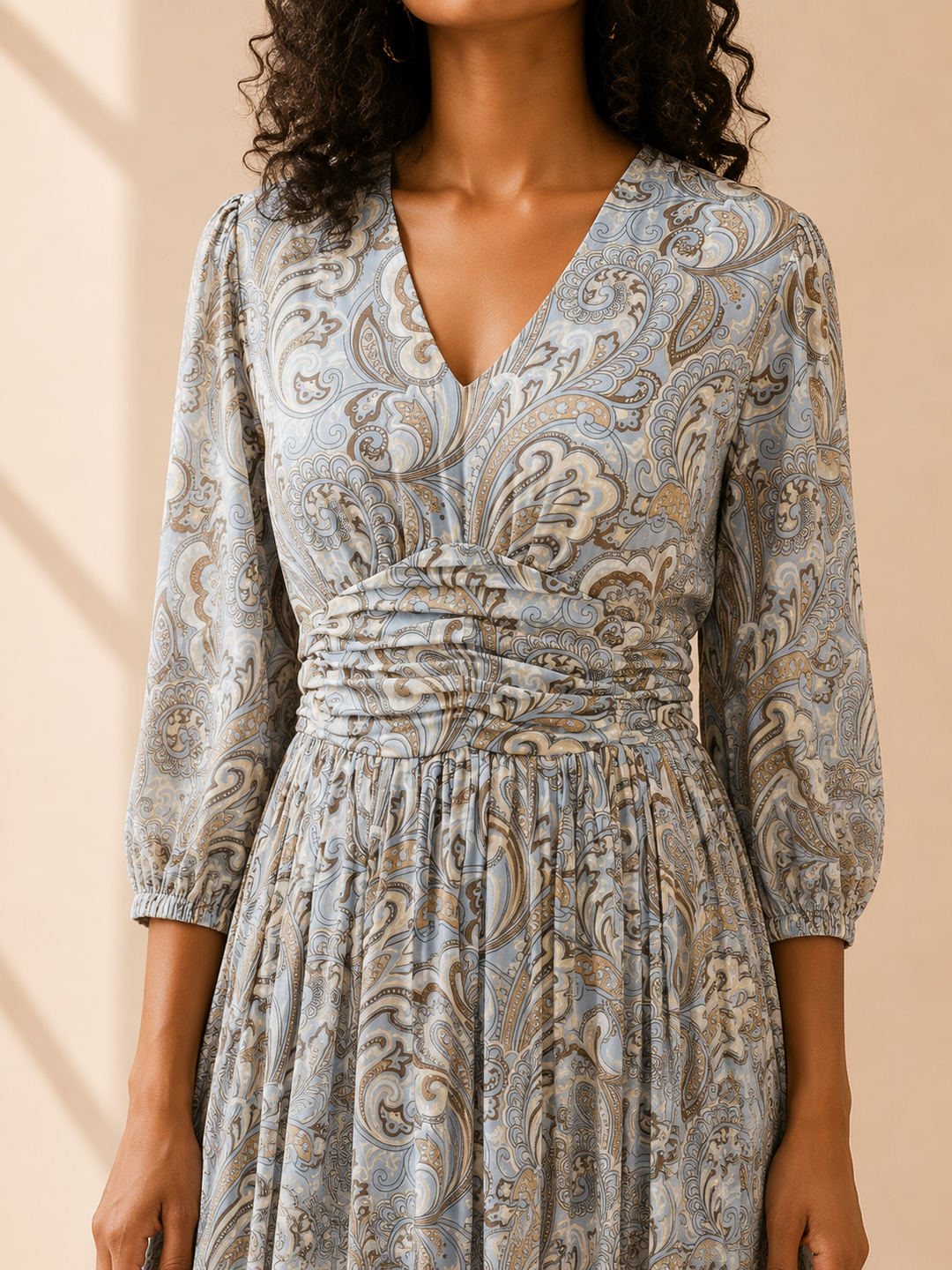 Slate Reverie Maxi Dress close-up showing V-neck surplice bodice and baroque paisley print