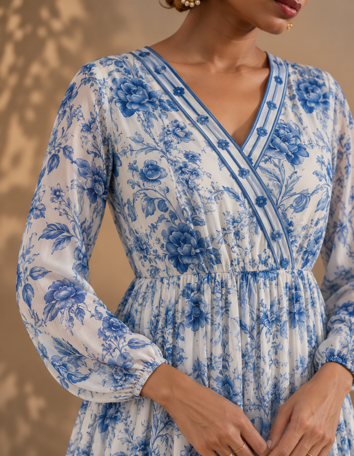 A woman wearing a long-sleeve white dress with a blue floral toile pattern and a wrap-style V-neckline, shown from the shoulders to the hands against a warm beige background.