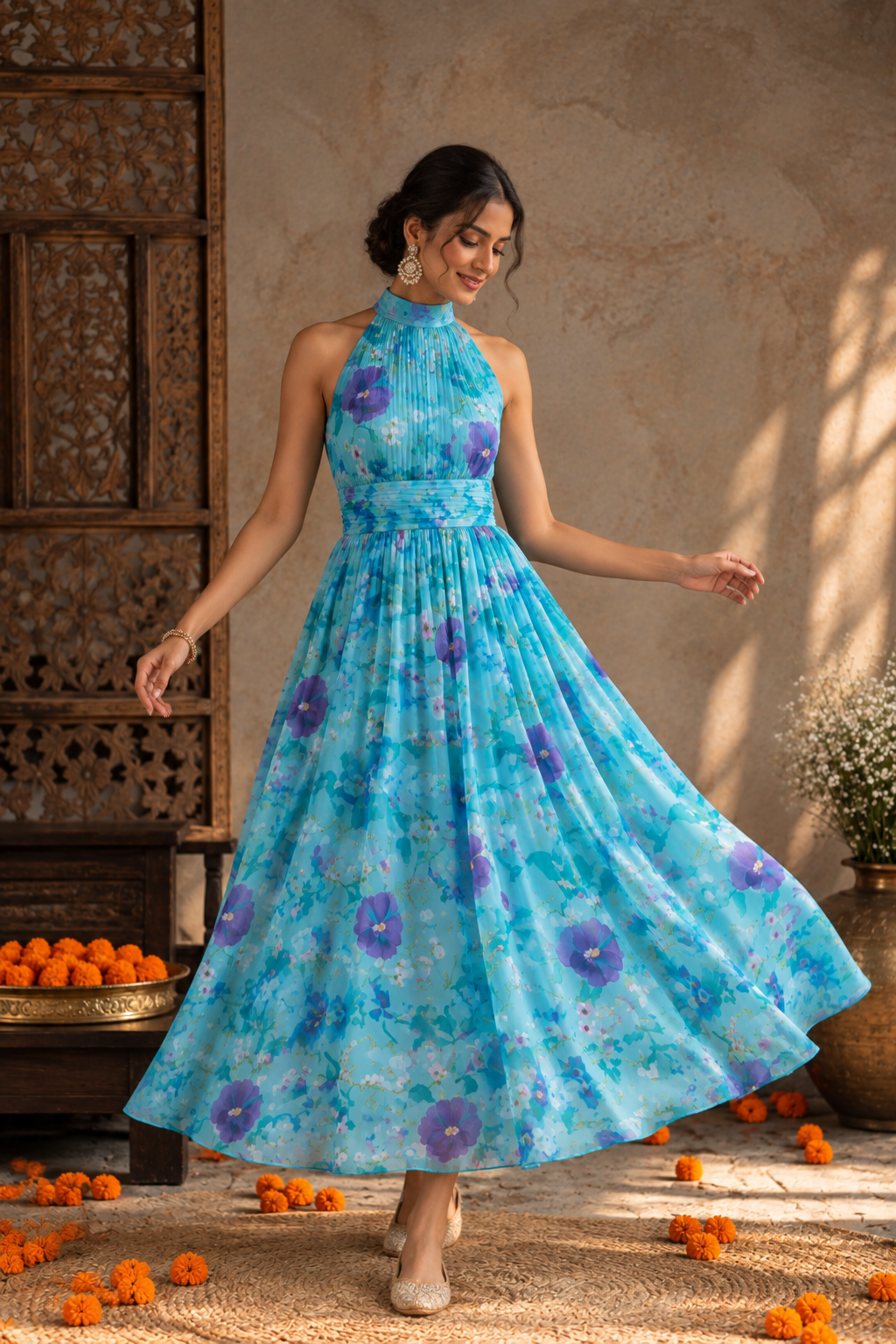 Lagoon Pansy Maxi Dress full length front view showing sky blue turquoise georgette halter maxi with bold purple blue pansy floral print pintuck bodice and flared pleated skirt