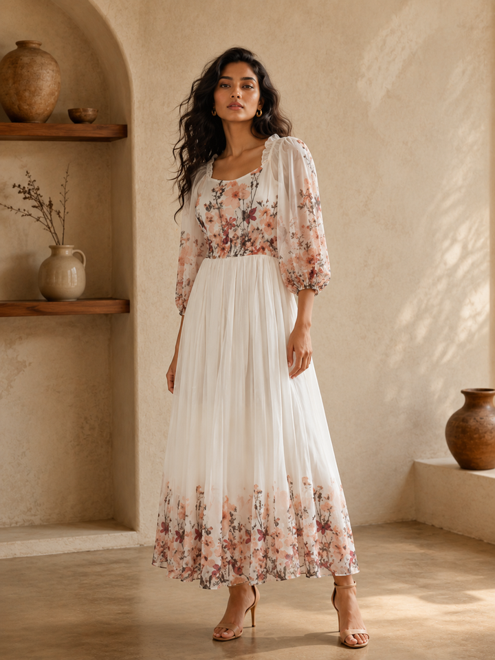 White Waltz Maxi Dress full length front view showing ivory floral georgette with puff sleeves and pleated skirt