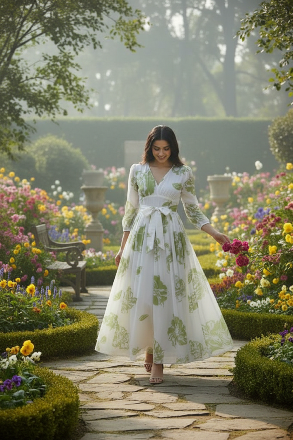 Woman in a floral dress walking through a garden with colorful flowers and a stone path.