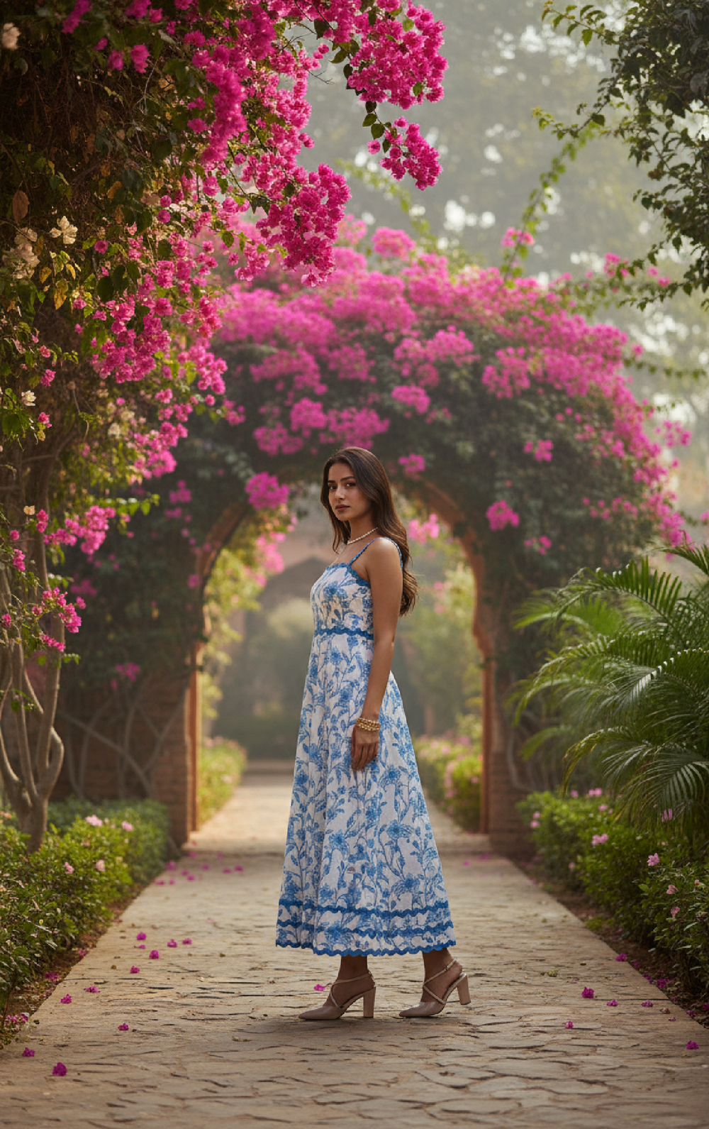 Woman in a floral dress standing under a pink flowering archway in a garden.