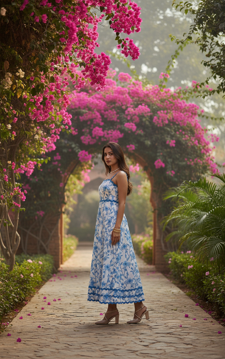 Woman in a floral dress standing under a pink flowering archway in a garden.