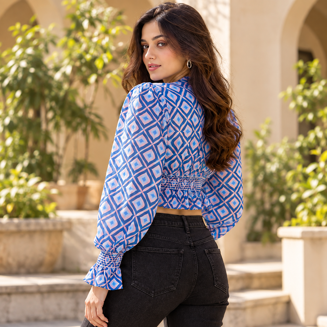 Blue Abstract Print Crop Top