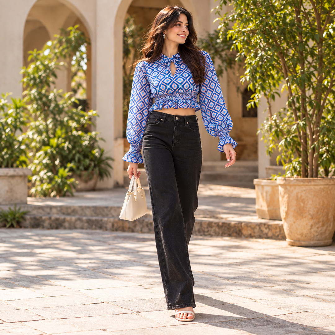 Blue Abstract Print Crop Top