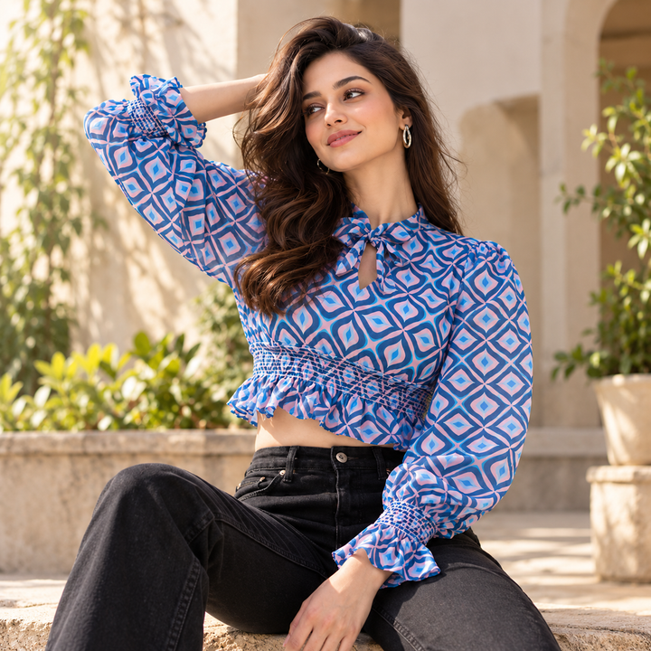 Blue Abstract Print Crop Top