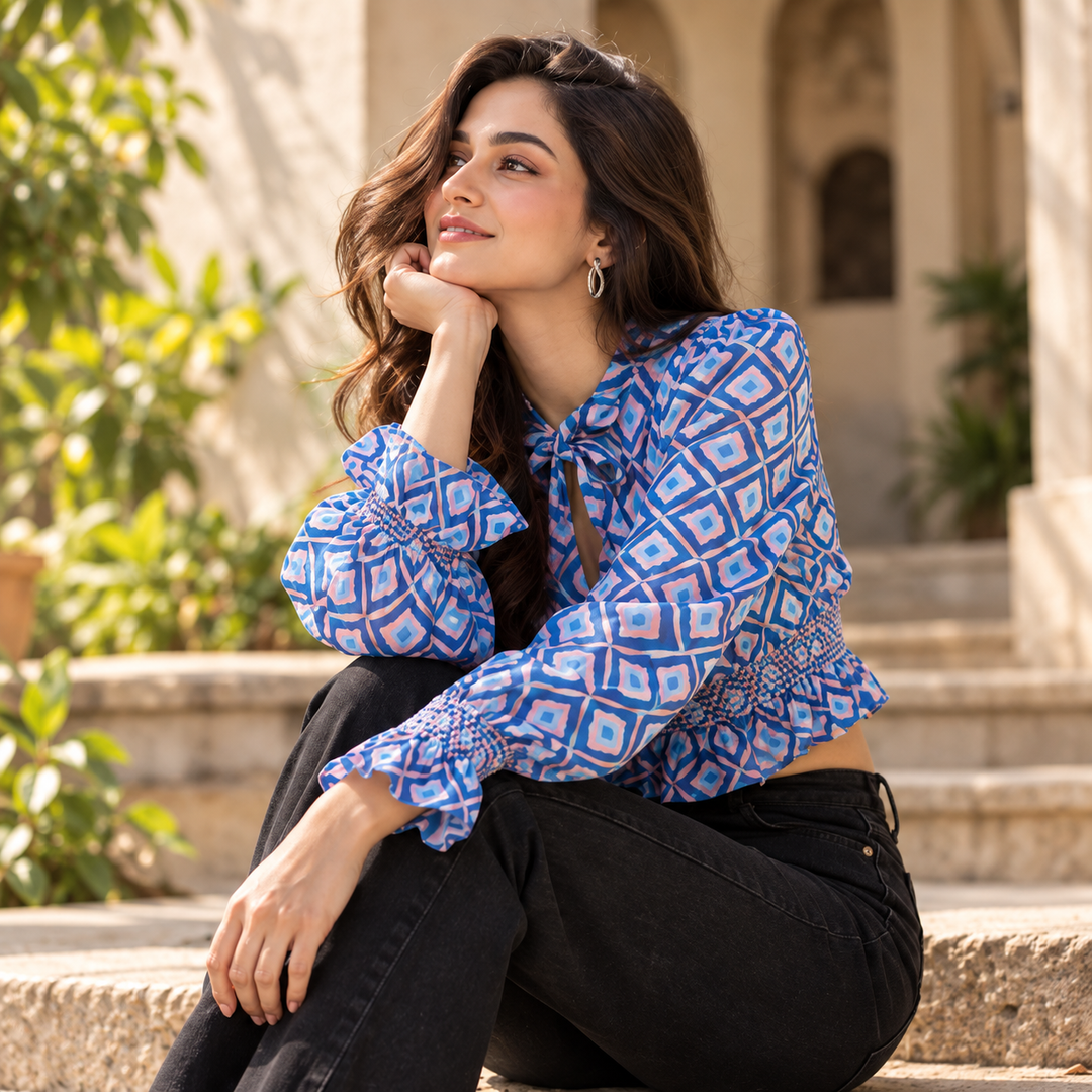 Blue Abstract Print Crop Top