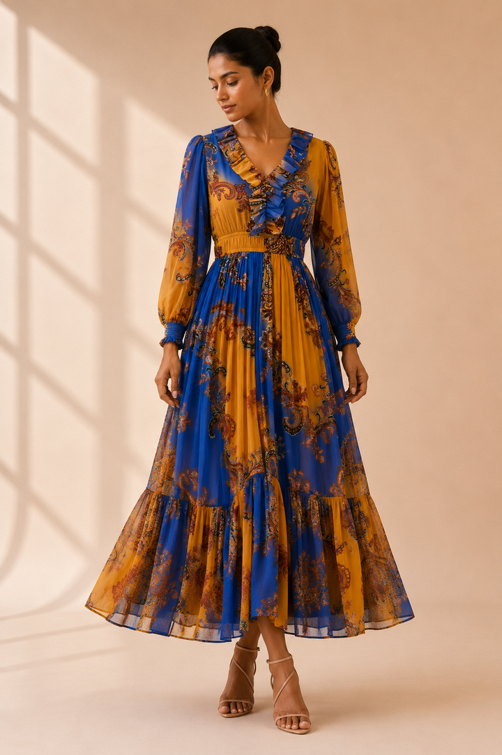 Royal blue and amber baroque paisley chiffon maxi dress - full length view