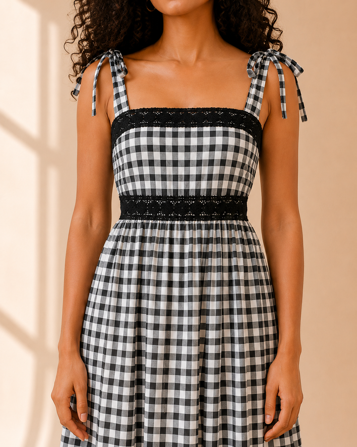 Close-up of Gingham Reverie Maxi Dress showing square neck and black eyelet waistband