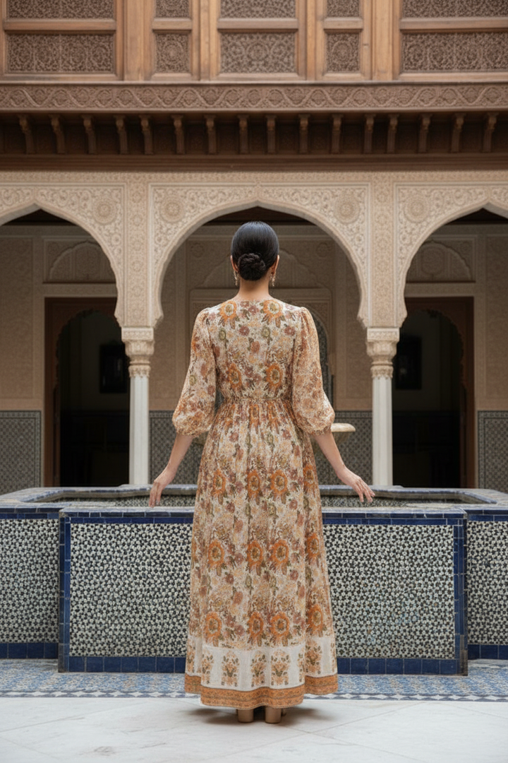 Woman in a long, patterned dress standing in a courtyard with arched columns.