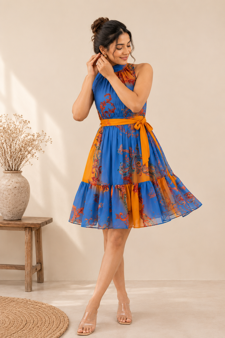 Baroque Bliss Mini Dress full length front view showing cobalt blue and mustard amber georgette tiered mini dress with baroque paisley print halter neck tie detail mustard sash belt and ruffle hem tiers