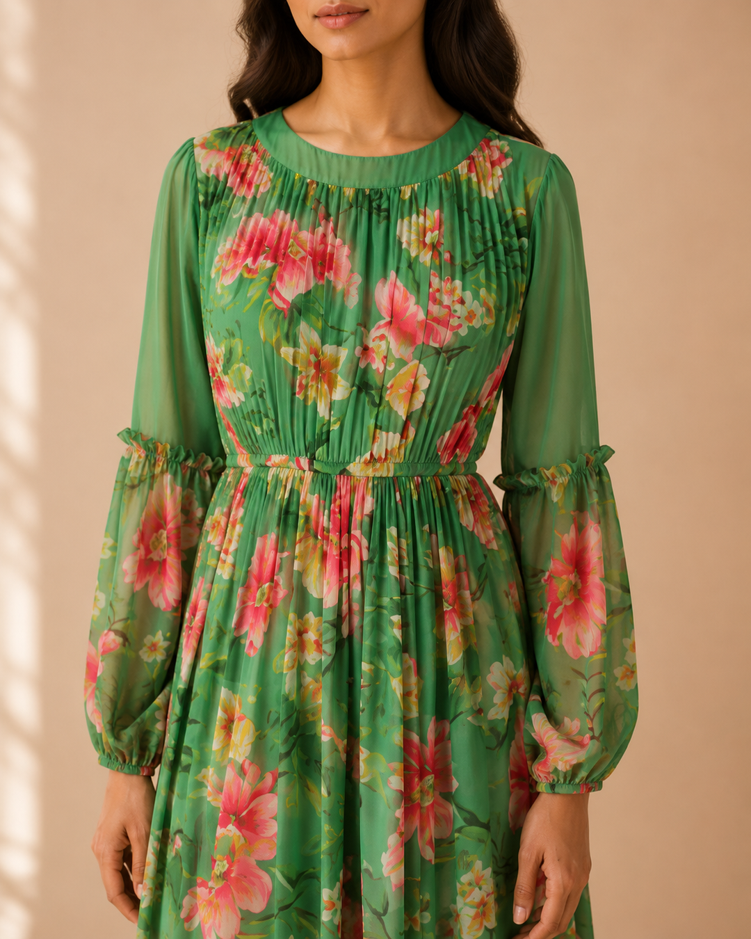 Close-up of Celadon Drift Maxi Dress showing pleated yoke neckline and balloon sleeves