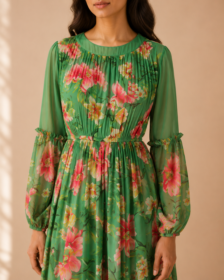 Close-up of Celadon Drift Maxi Dress showing pleated yoke neckline and balloon sleeves
