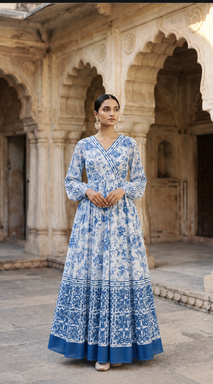Porcelain Garden Maxi Dress full length front view showing white and cobalt blue floral toile georgette maxi dress with wrap angrakha V-neckline stripe trim full puffed sleeves and ornate block print border with solid cobalt hem band