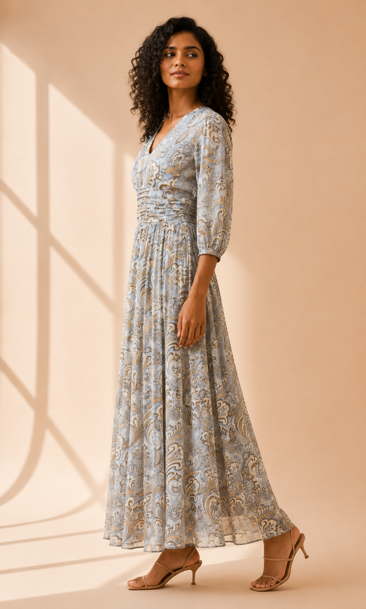 Slate Reverie Maxi Dress side view showing full A-line maxi skirt and balloon sleeves