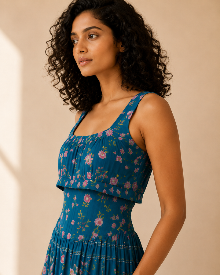 Close-up of Aqua Reverie Maxi Dress showing square neck layered bodice and floral print