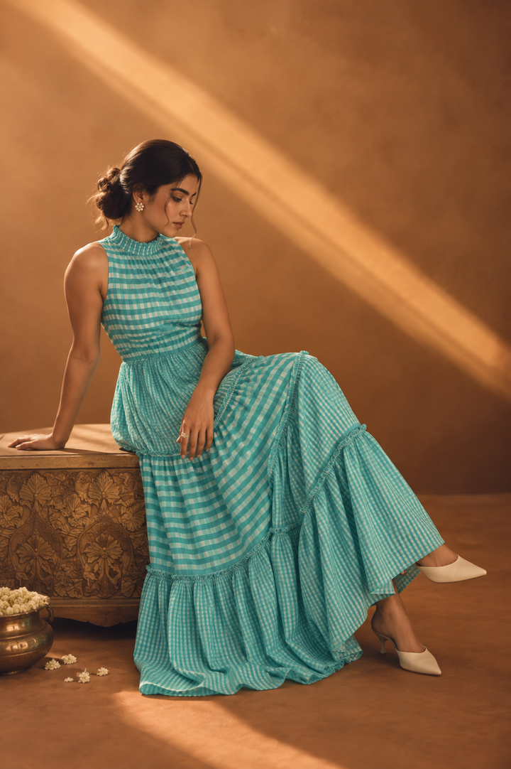 Aqua Gingham Maxi Dress