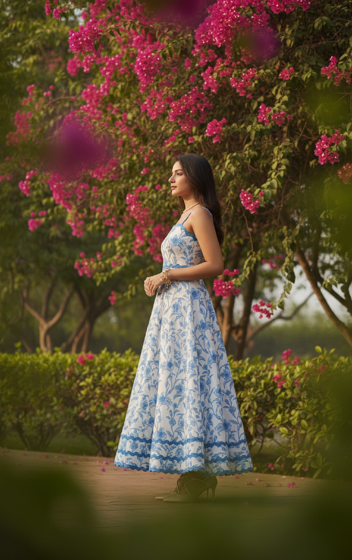 Woman in a blue floral dress standing in a garden with pink flowers