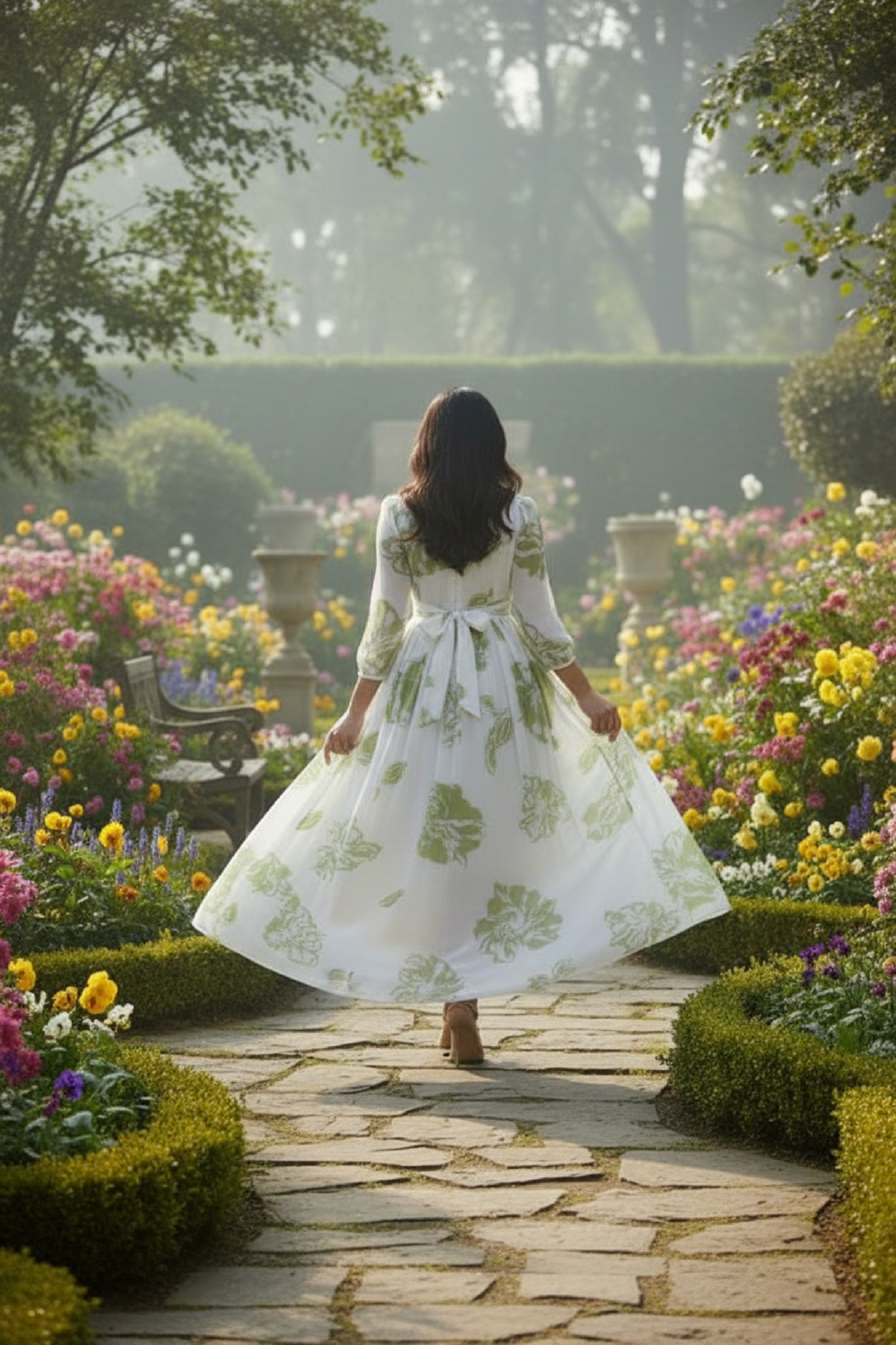 Woman in a floral dress walking through a garden with a stone path.