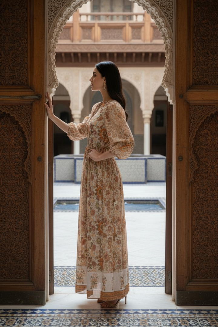 Woman in a floral dress standing in an ornate doorway with a courtyard in the background