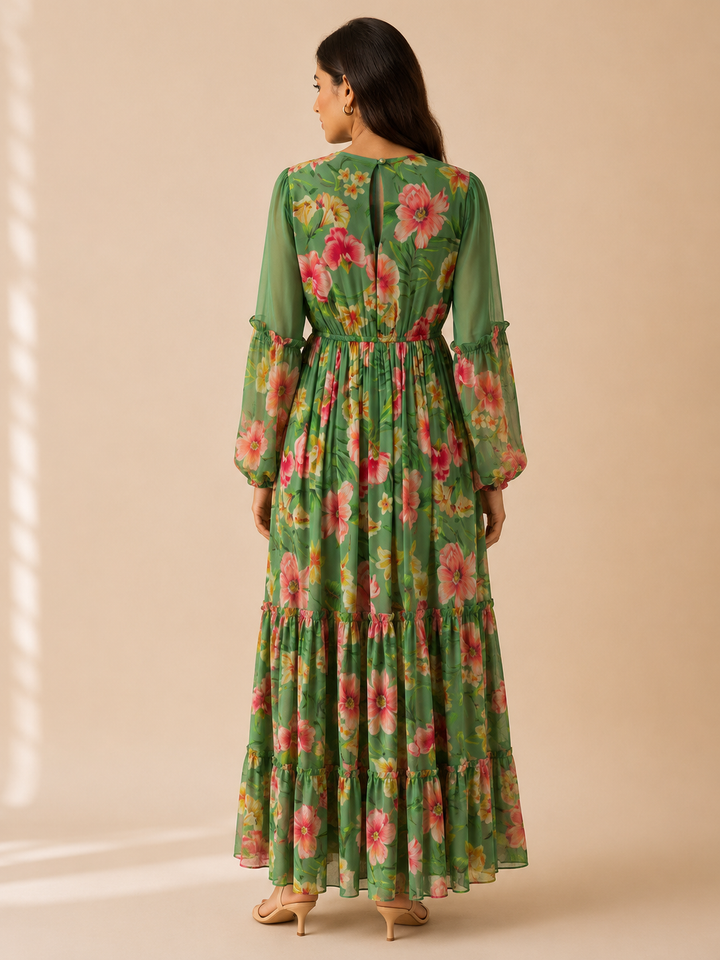 Celadon Drift Maxi Dress back view showing keyhole button detail and flowy skirt