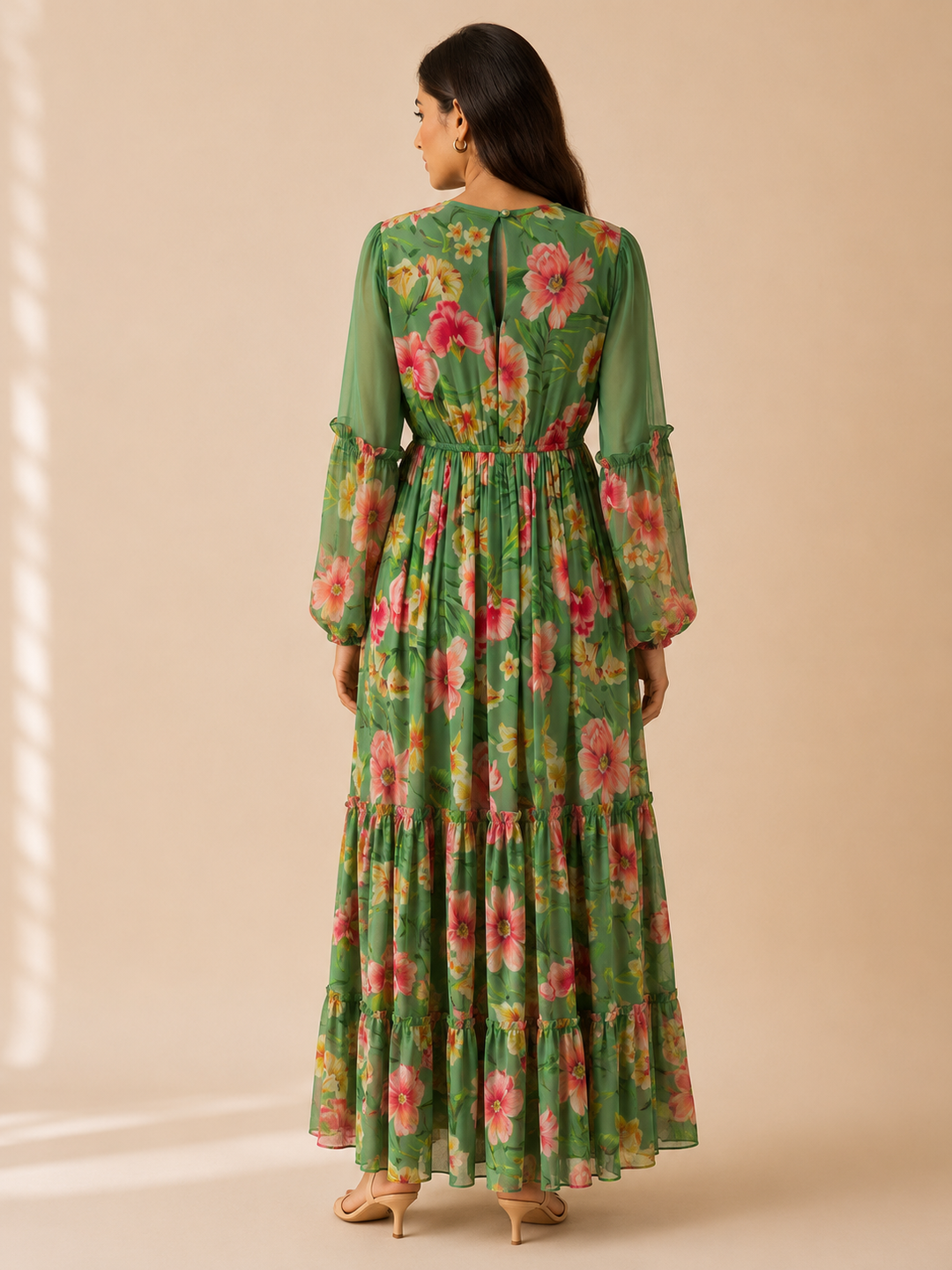 Celadon Drift Maxi Dress back view showing keyhole button detail and flowy skirt