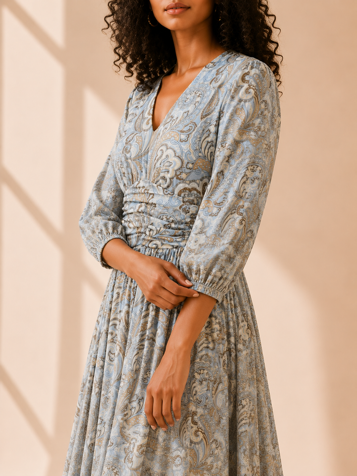 Slate Reverie Maxi Dress detail shot showing ruched waistband and paisley print
