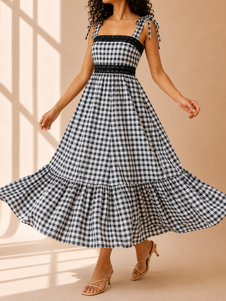 Gingham Reverie Maxi Dress in motion showing flowy tiered skirt and ruffle hem