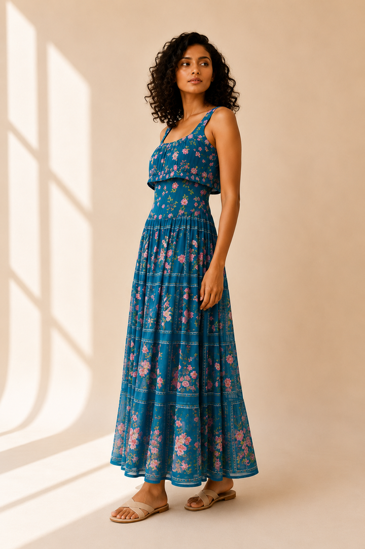 Aqua Reverie Maxi Dress side view showing flowy tiered georgette skirt